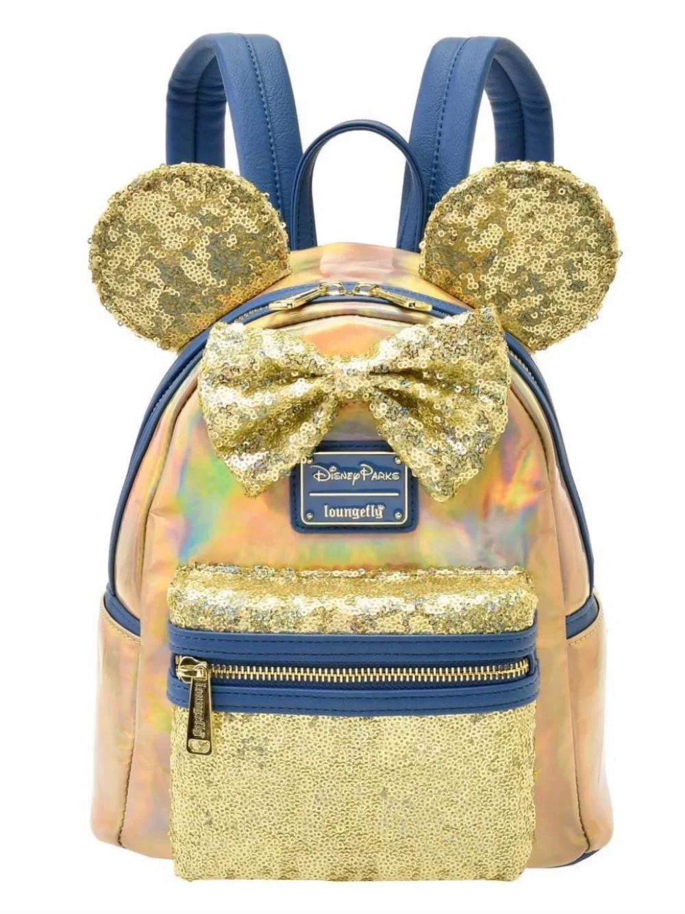 Loungefly Gold Sequin Holographic Mickey Ear Backpack with Navy Bow Headband
